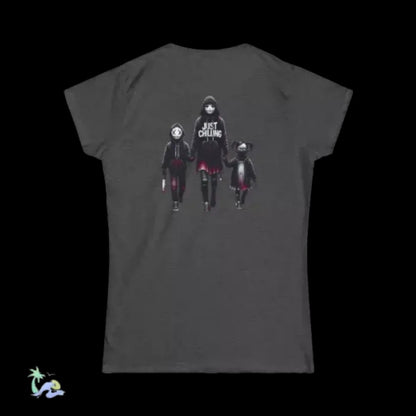 three people standing together, with one person wearing a hooded sweatshirt with the text "JUST CHILLING" printed on it.