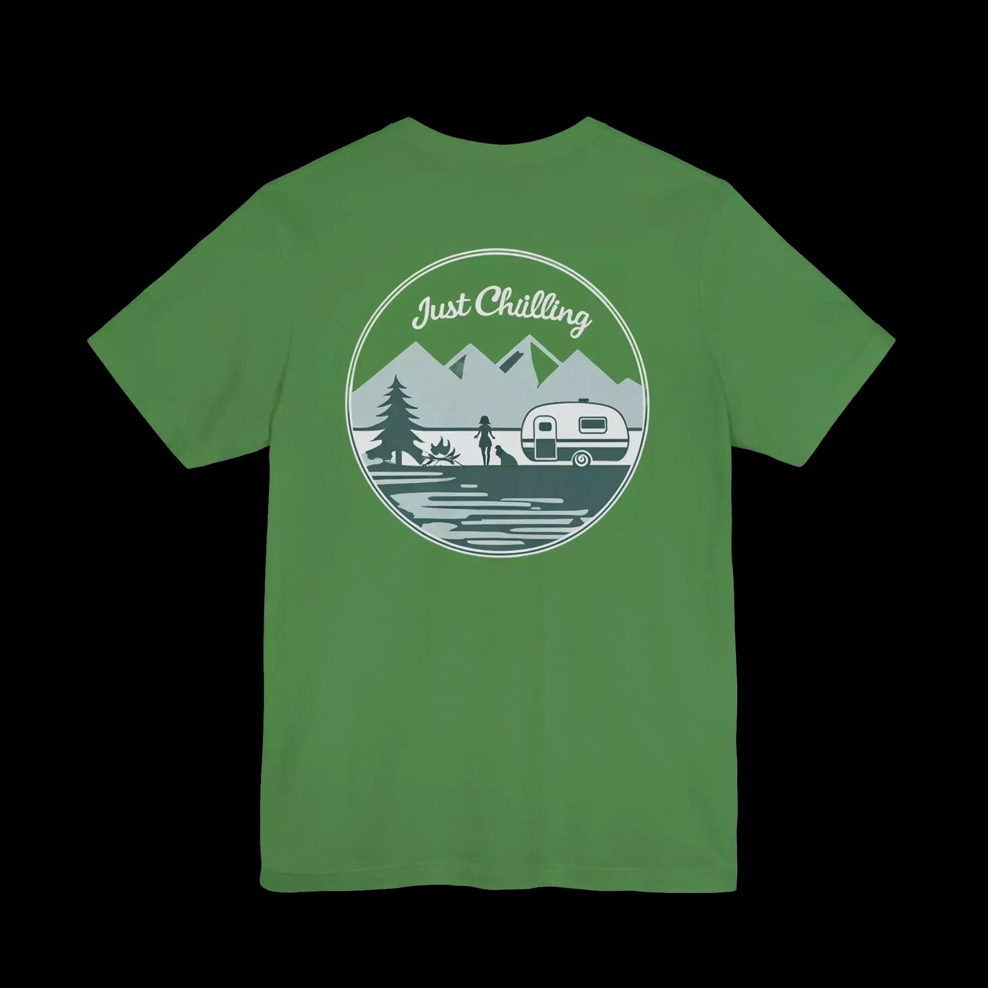 A green t-shirt with a circular graphic design featuring a mountain landscape, a camper van, and the text "Just Challenging".