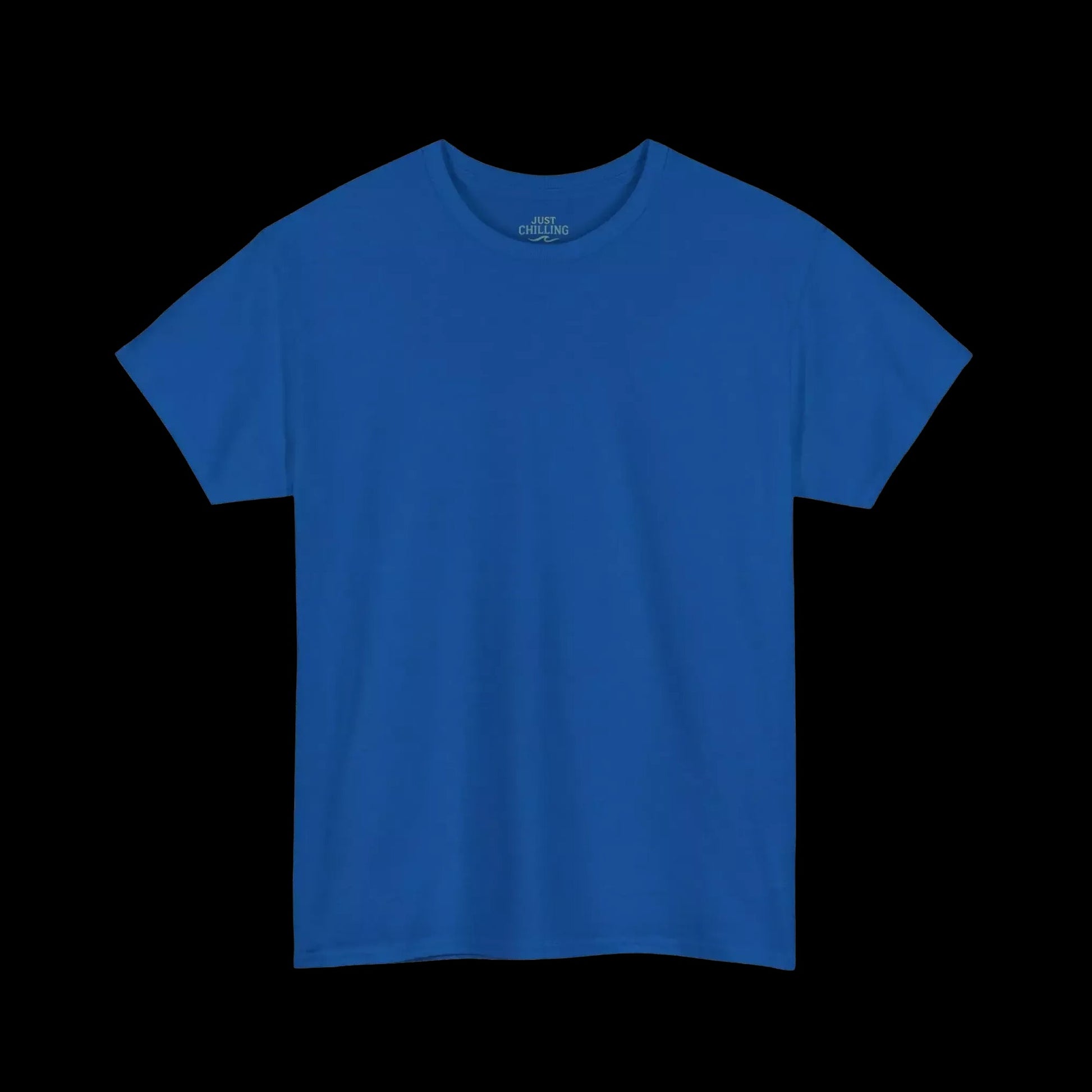 A plain, solid blue t-shirt against a black background.