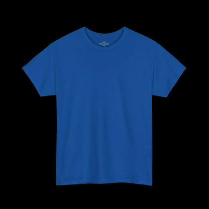 A plain, solid blue t-shirt against a black background.