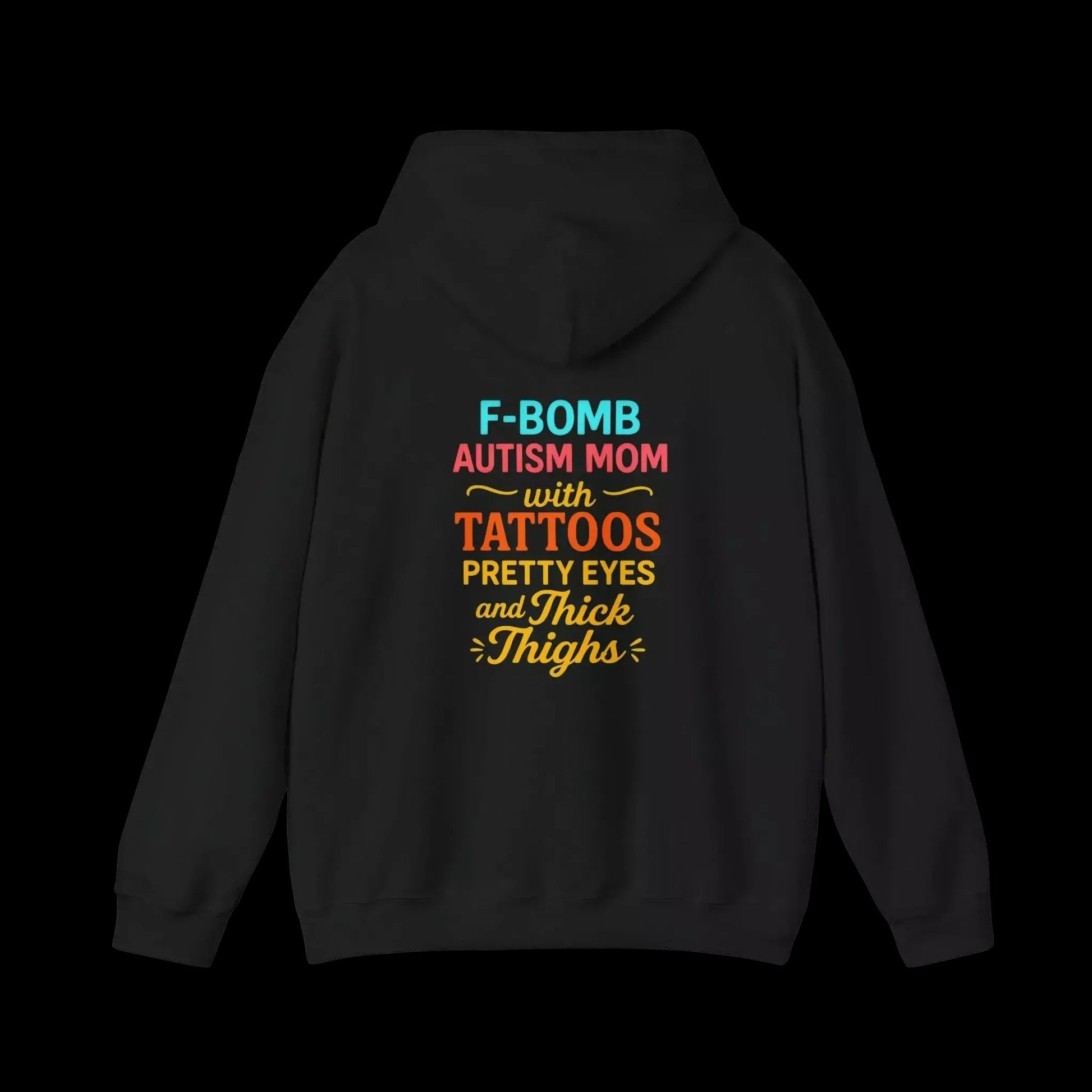 The image is a black hoodie with text on the back.