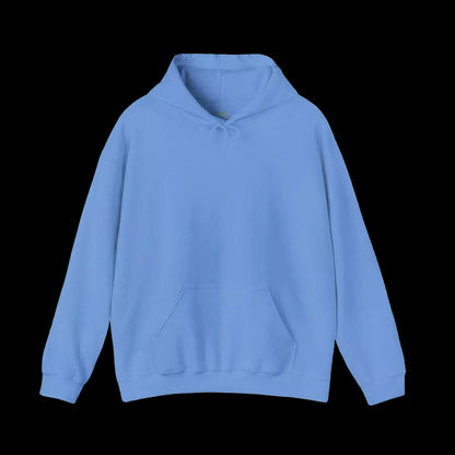 A light blue hoodie with a front pocket is shown against a black background.