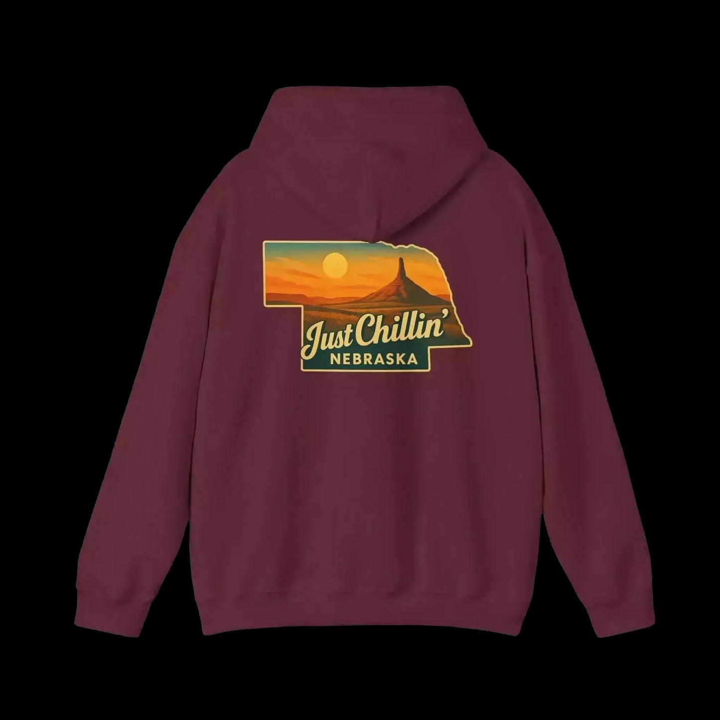 A burgundy-colored hoodie with a graphic design on the back, depicting a sunset over the state of Nebraska.