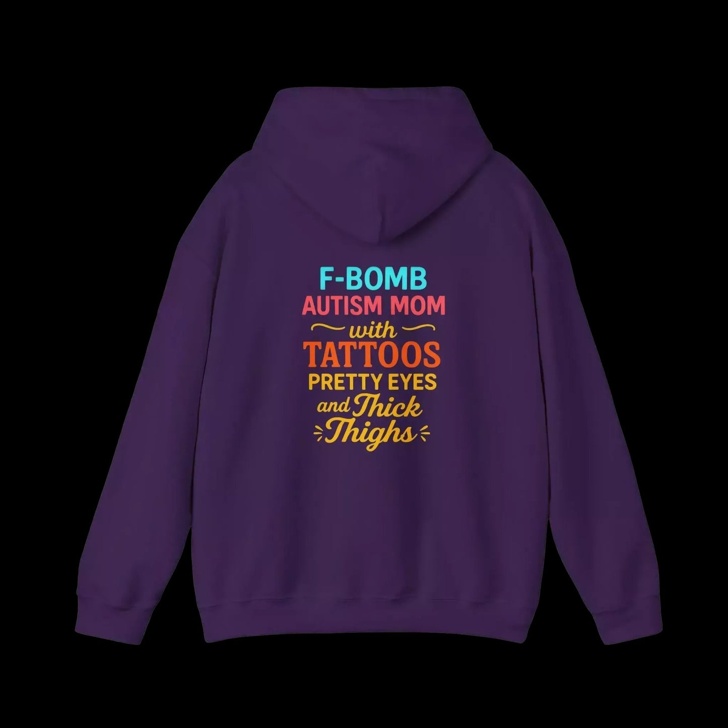 A purple hoodie with text on the back.