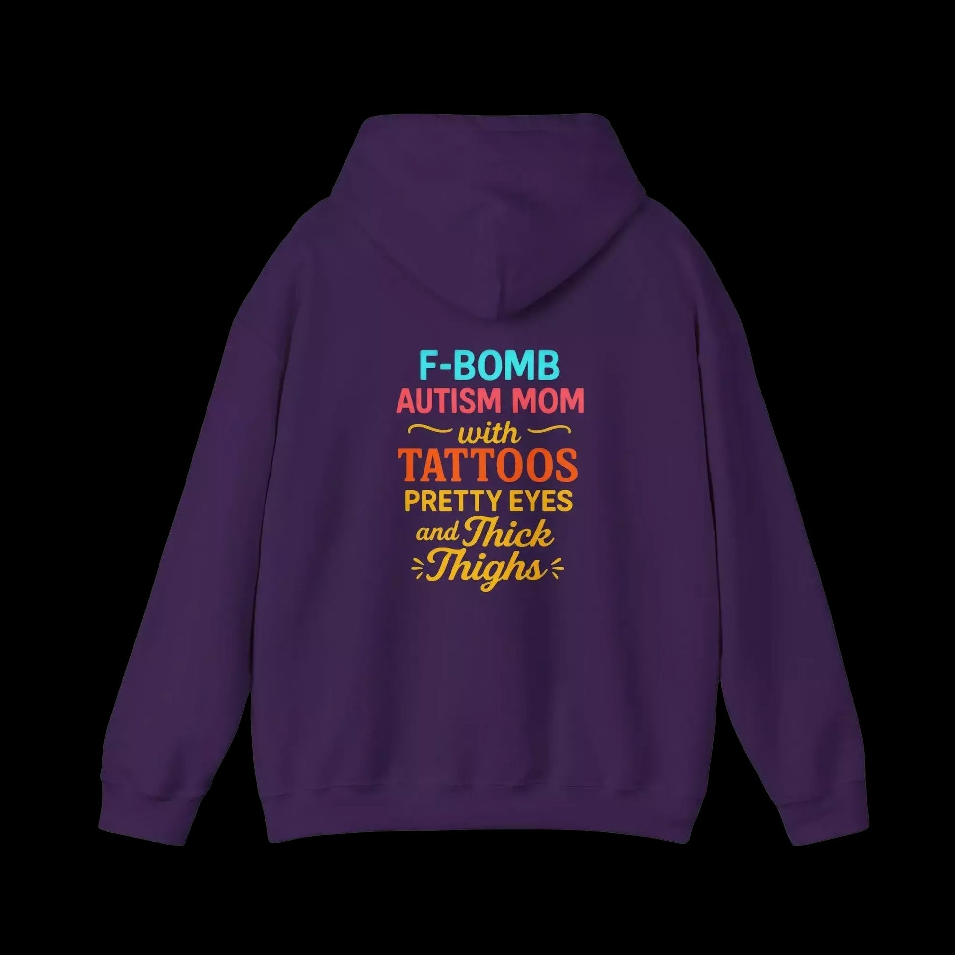 A purple hoodie with text on the back.