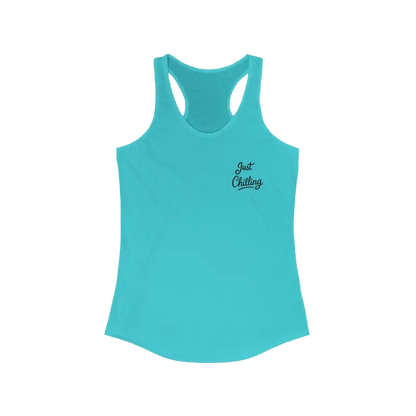 A turquoise tank top with the text "Just Chilling" printed on the front.