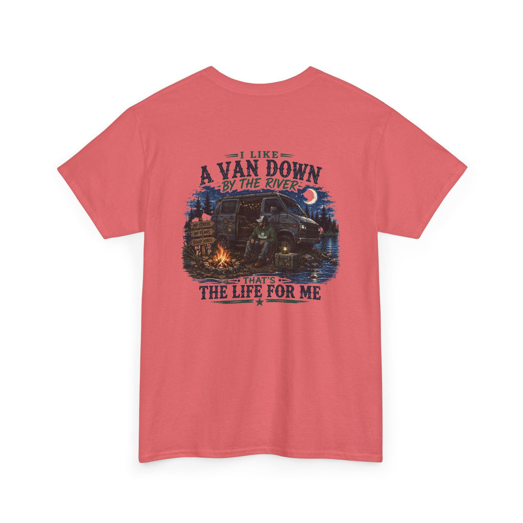 T-Shirt — “I Like a Van Down by the River” Vintage Campfire Van Life Tee