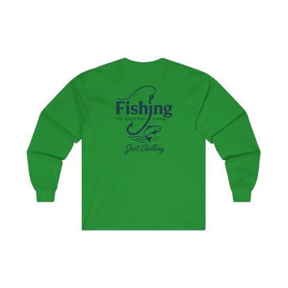 A green long-sleeved shirt with the text "Fishing" and "The Addiction" printed on it.
