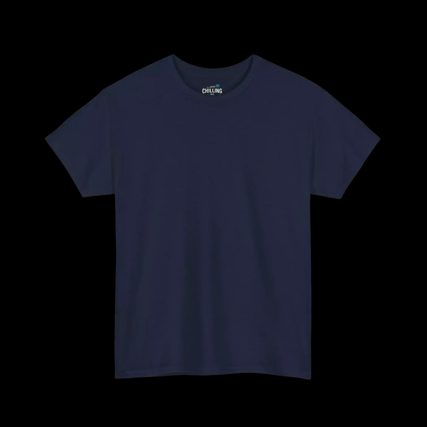 A navy blue t-shirt against a black background.