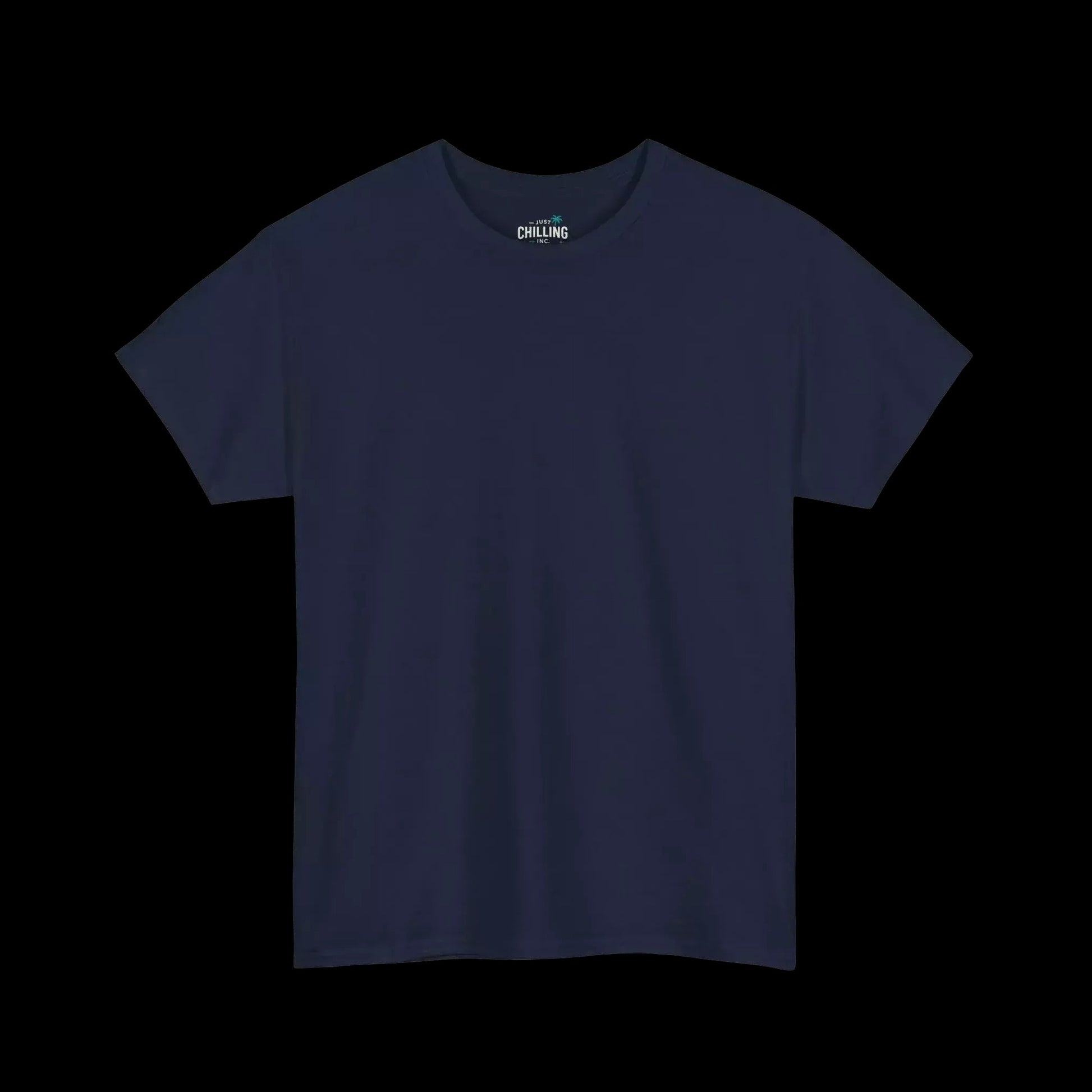 A navy blue t-shirt against a black background.