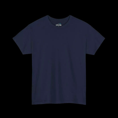 A navy blue t-shirt against a black background.
