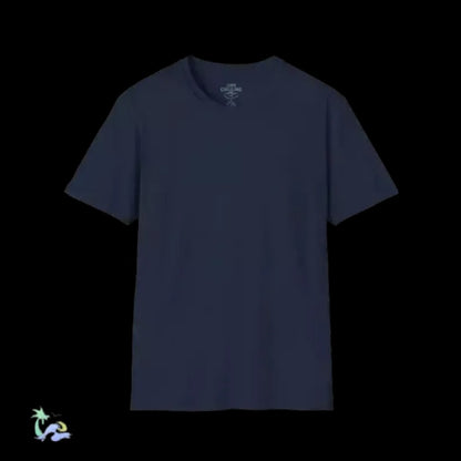 A navy blue t-shirt is shown against a black background.