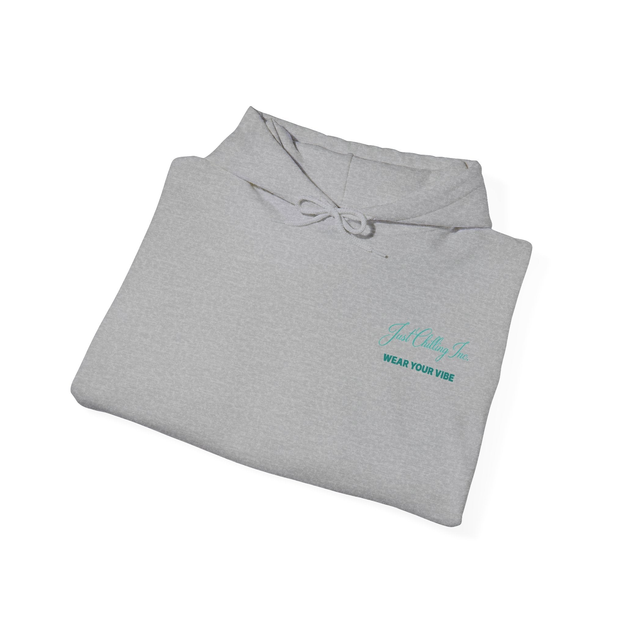 Folded gray hoodie with a logo on a white background