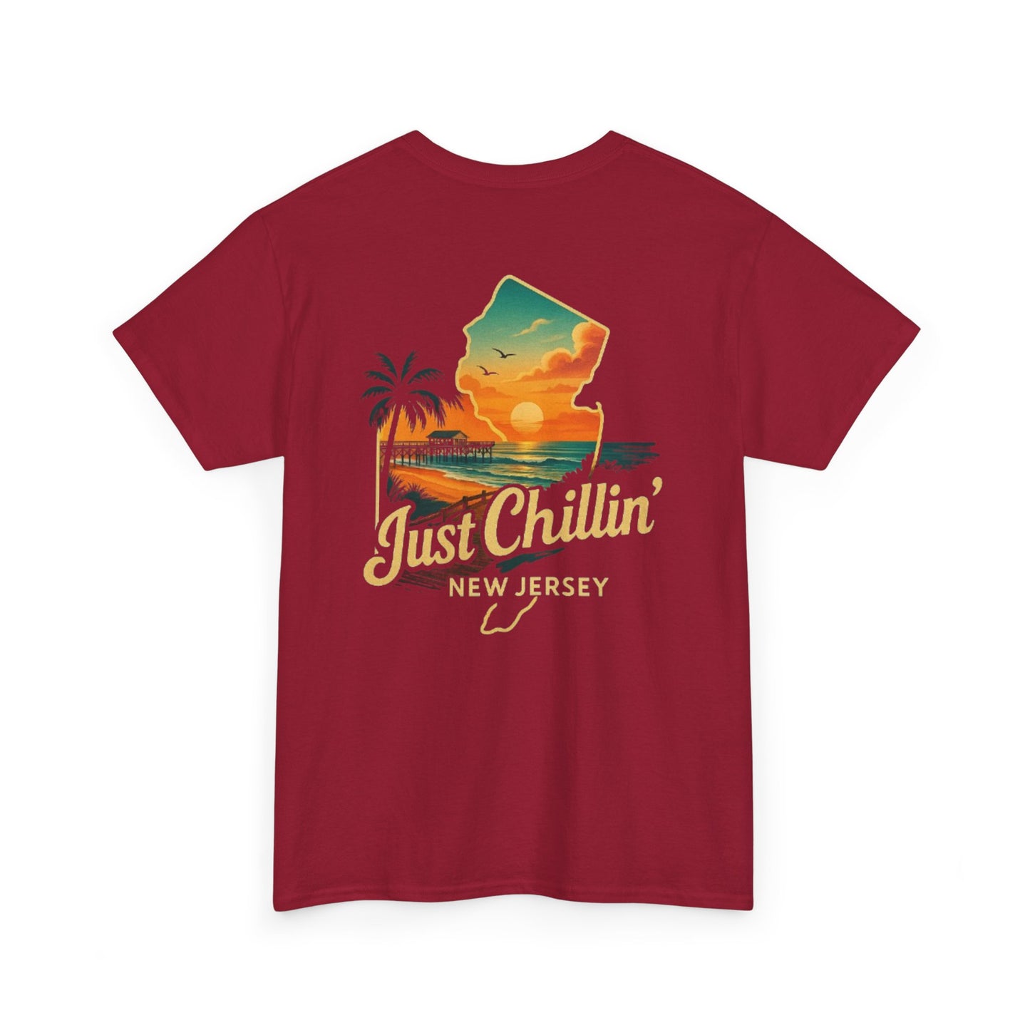 Unisex Heavy Cotton Tee - Just Chilling NJ Sunset Design, Casual Wear, Summer Vibes, Beach Outfit, Gift for Friends, Relaxation Tee