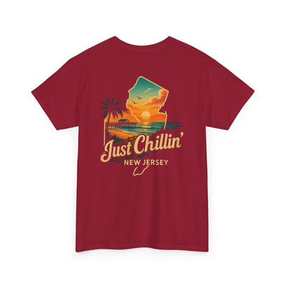 Unisex Heavy Cotton Tee - Just Chilling NJ Sunset Design, Casual Wear, Summer Vibes, Beach Outfit, Gift for Friends, Relaxation Tee
