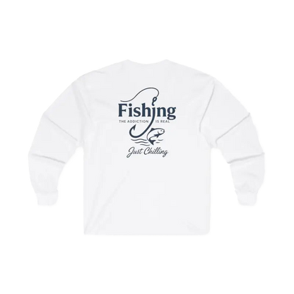A white long-sleeved shirt with a graphic design on the back.