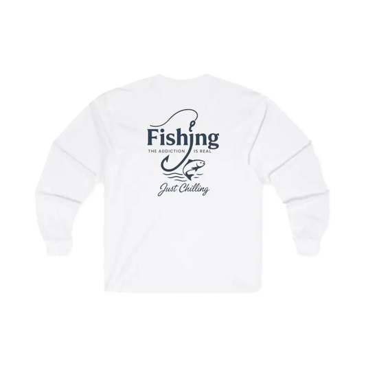 A white long-sleeved shirt with a graphic design on the back.