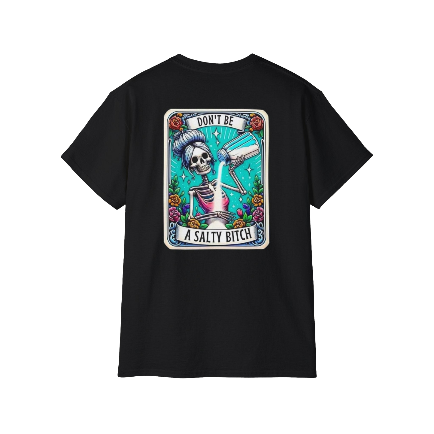 A black t-shirt with a graphic design featuring a skeleton wearing a sombrero and holding a bottle of alcohol, surrounded by colorful flowers and text.