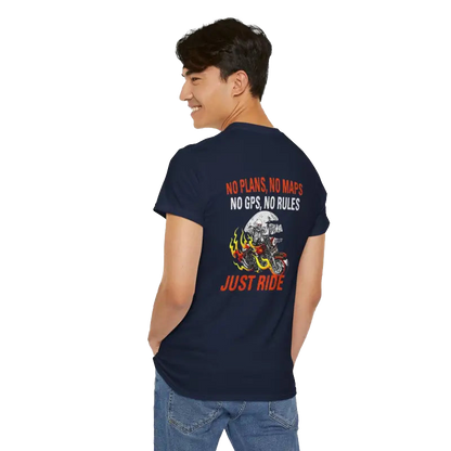 A person wearing a navy blue t-shirt with a graphic design and text printed on the back.