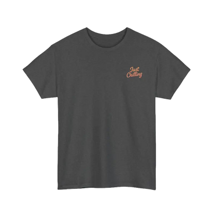 A gray t-shirt with a small orange text logo on the left side of the chest.