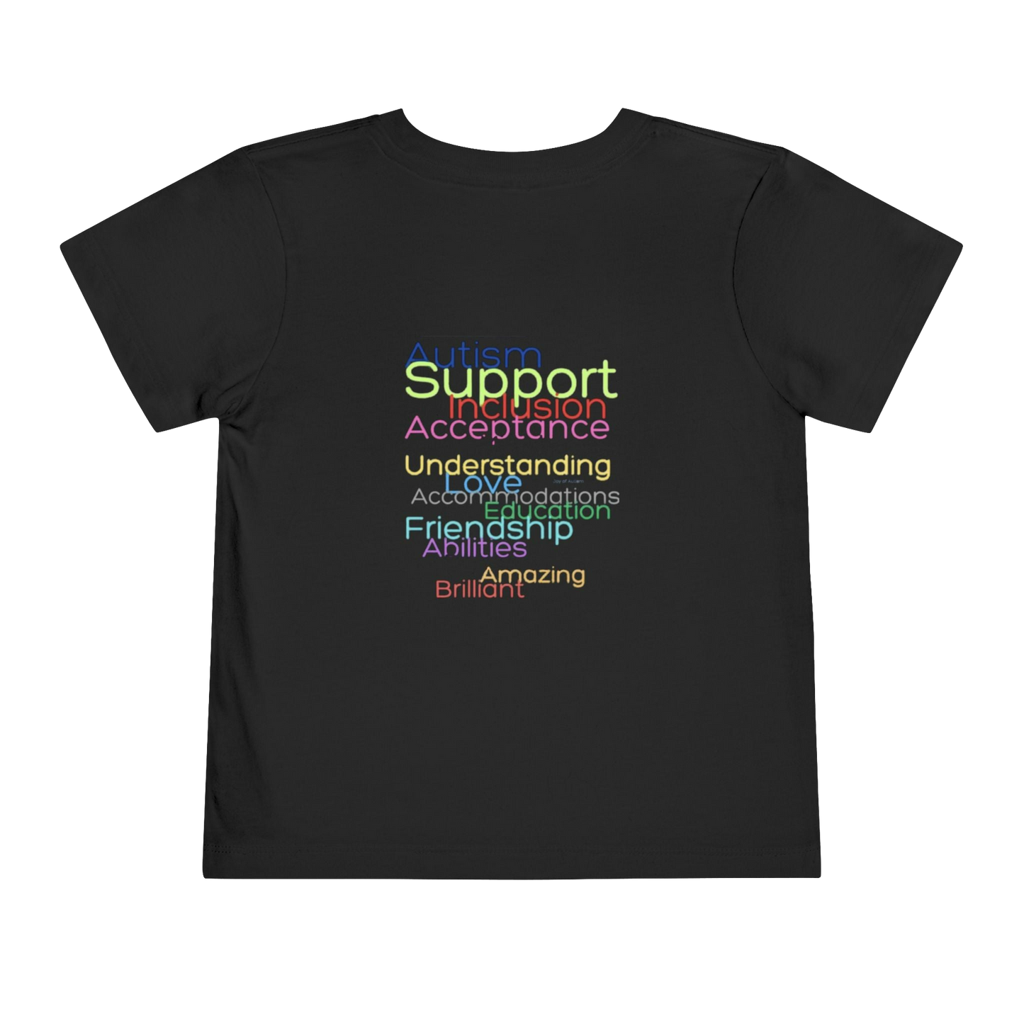 The image is a black t-shirt with text printed on it in rainbow colors.