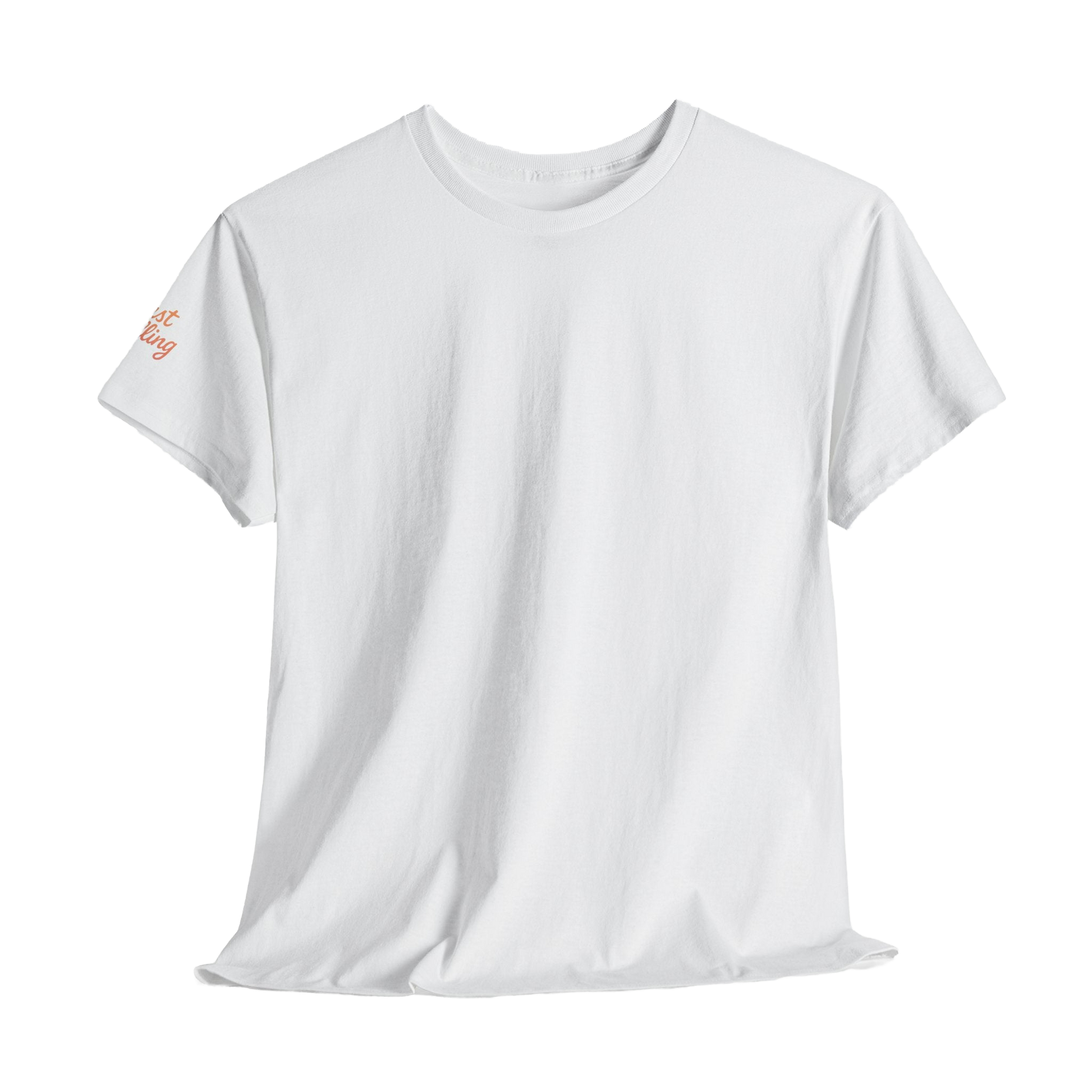 A white t-shirt with a small orange text logo on the left sleeve.