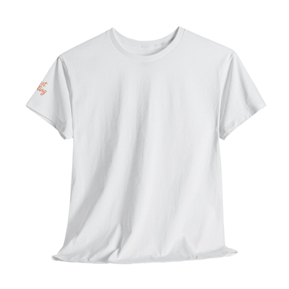 A white t-shirt with a small orange text logo on the left sleeve.