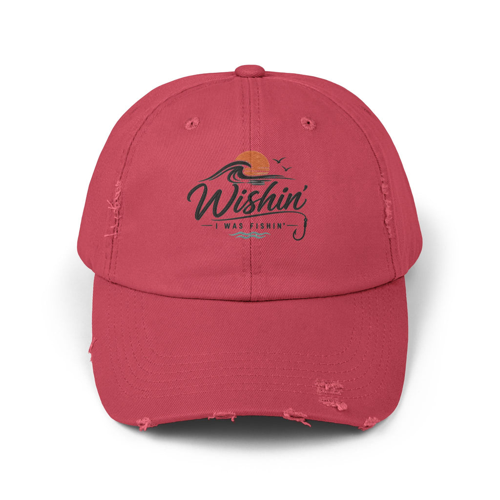 Distressed Baseball Cap - "Wishin' I Was Fishin'" Vintage Fishing Hat