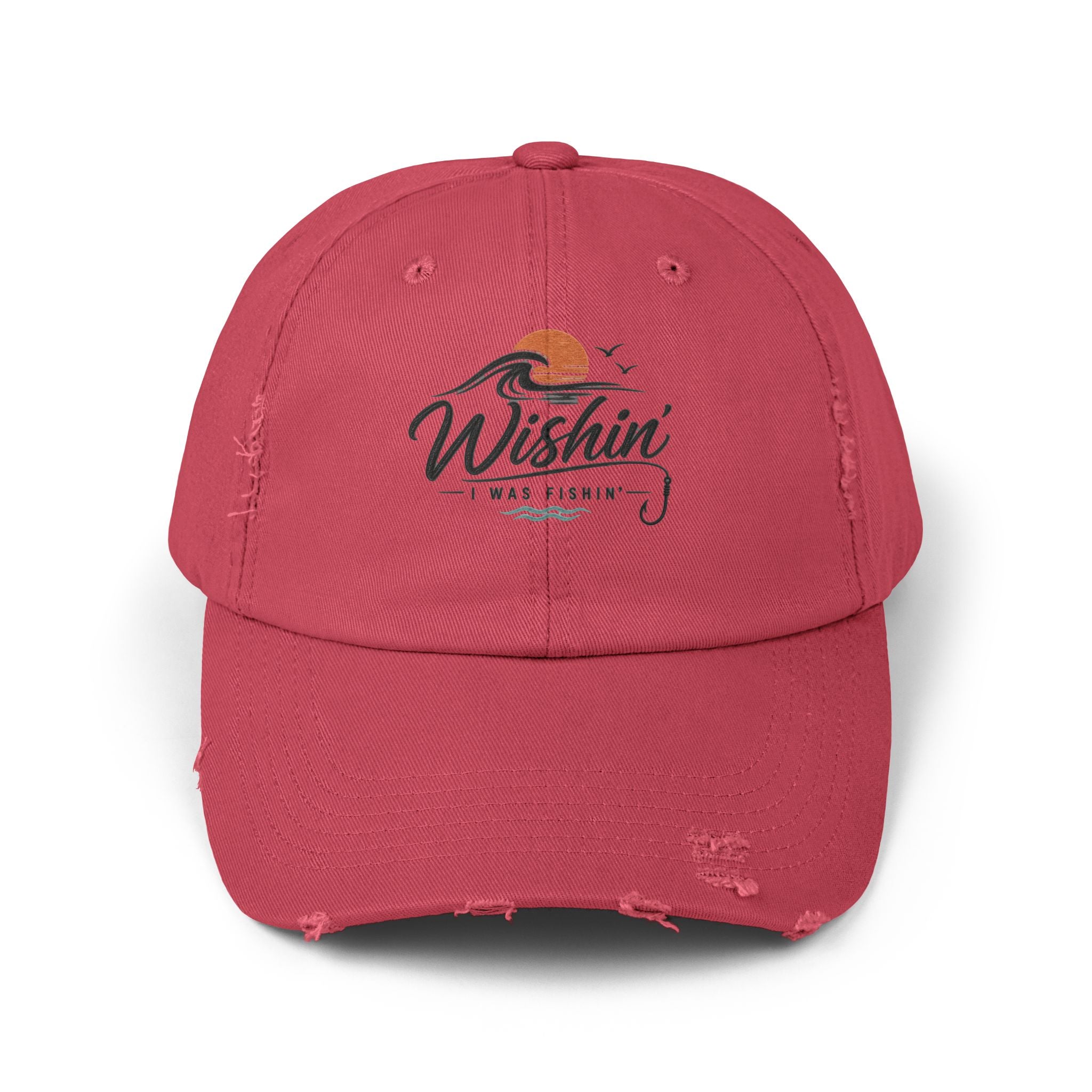 Distressed Baseball Cap - "Wishin' I Was Fishin'" Vintage Fishing Hat