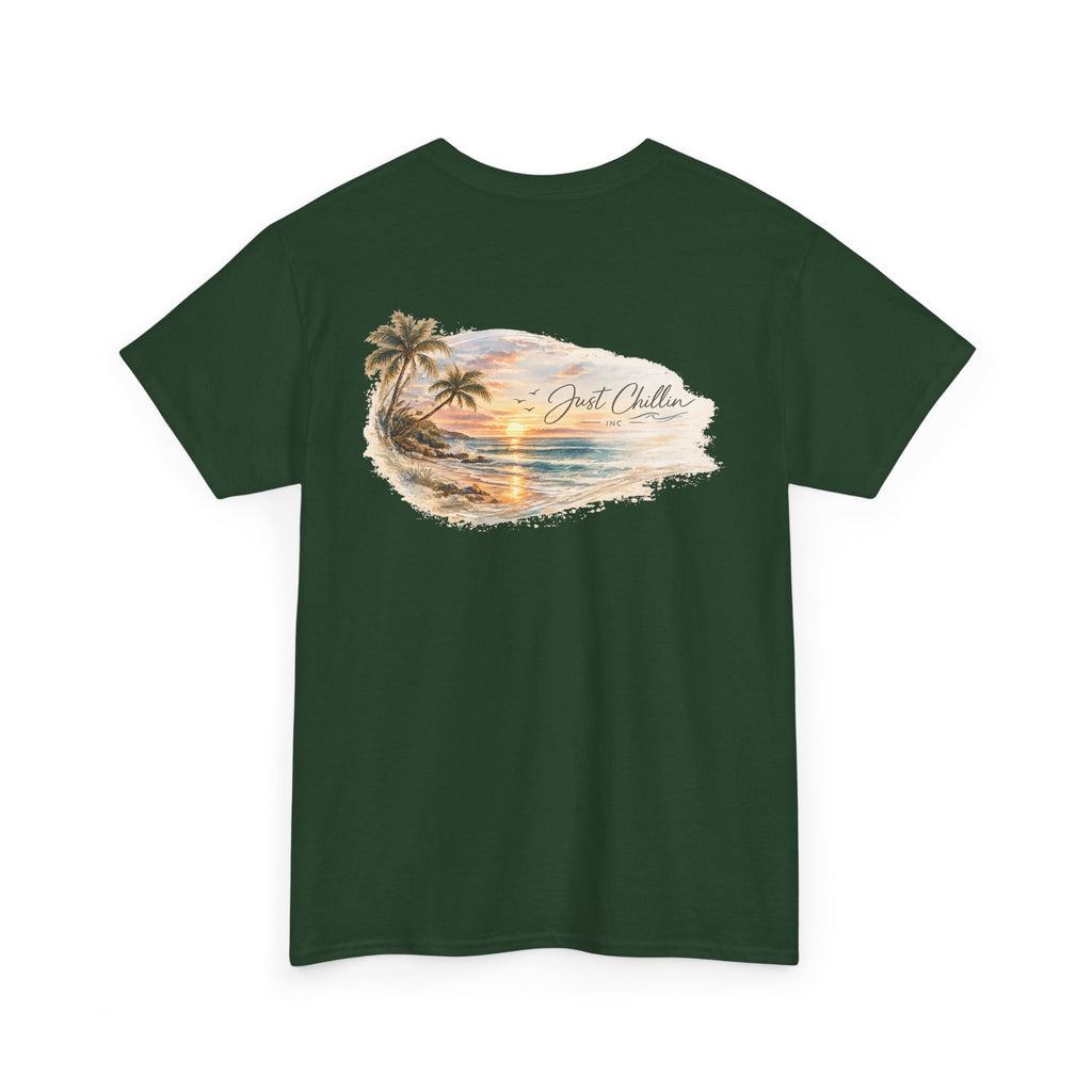 Just Chillin Sunset Palm Tee – Vintage Coastal Graphic T-Shirt