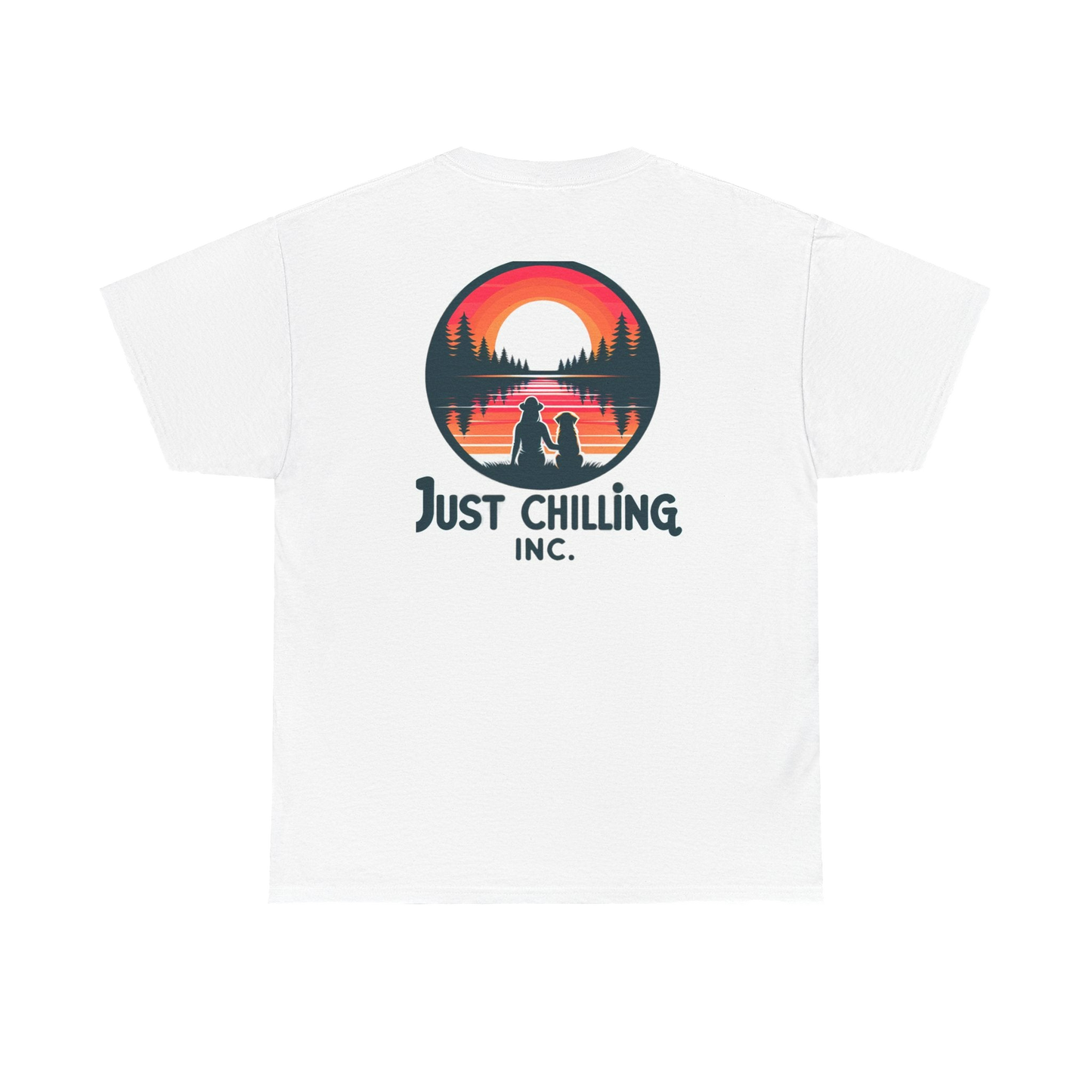 A white t-shirt with a graphic design featuring a sunset and silhouettes of people.