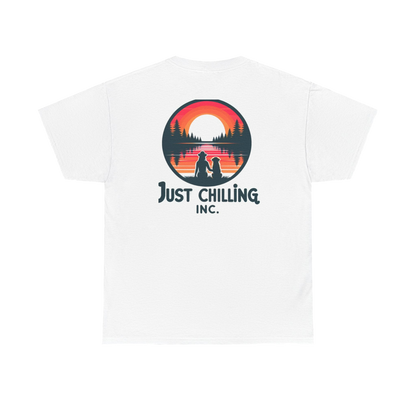 A white t-shirt with a graphic design featuring a sunset and silhouettes of people.