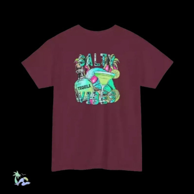 A maroon t-shirt with a graphic design featuring a tequila bottle, a margarita glass, and the text "SALTY VIBES" in a colorful, stylized font.
