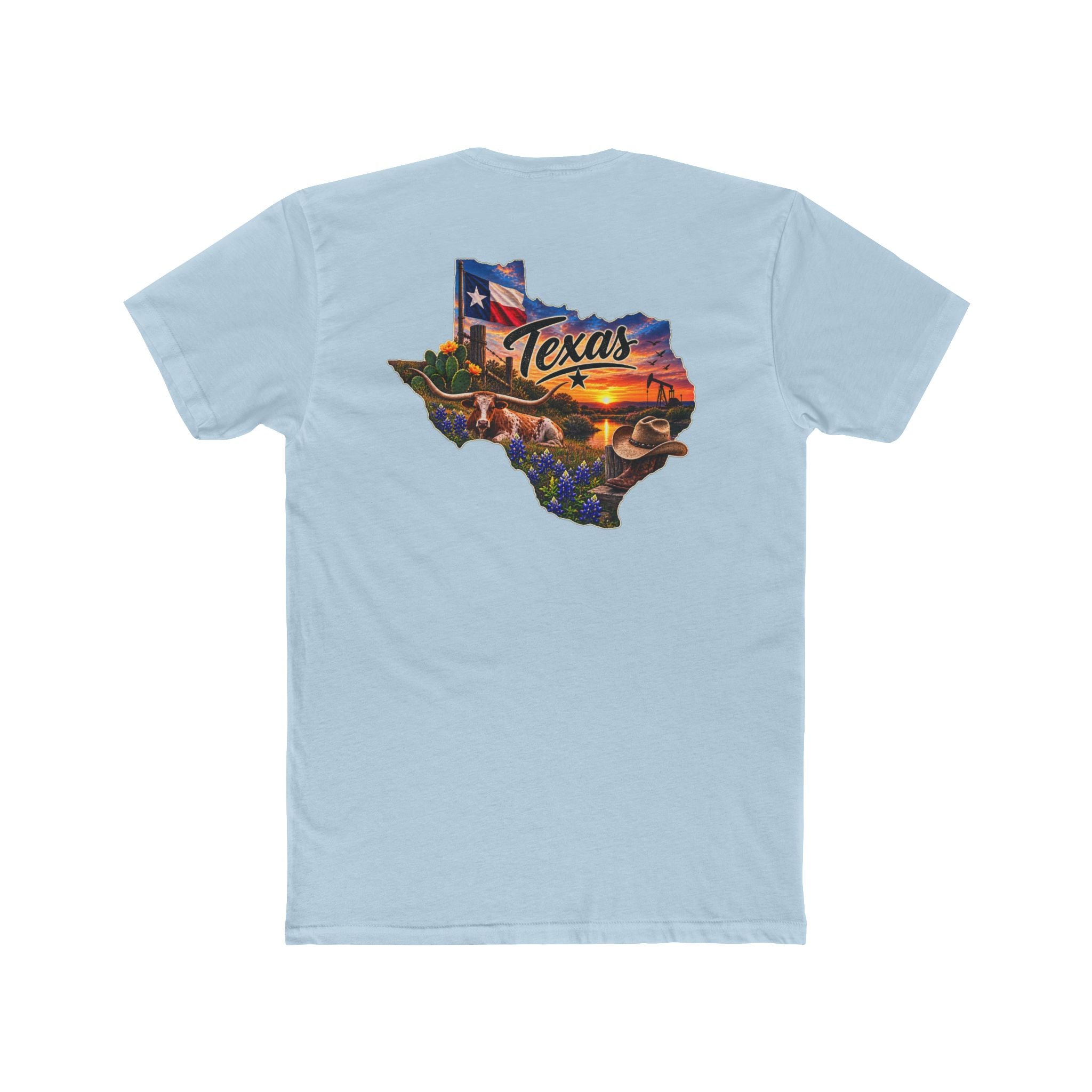 Texas State Map T-Shirt — Scenic Sunset & Flag Graphic