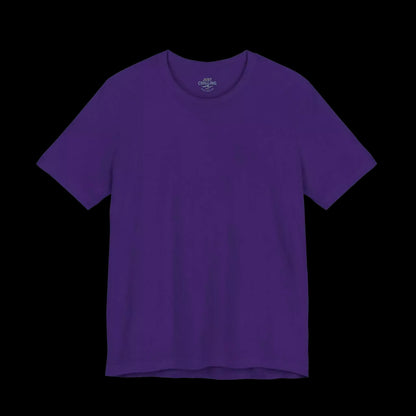 A plain, solid purple t-shirt against a black background.