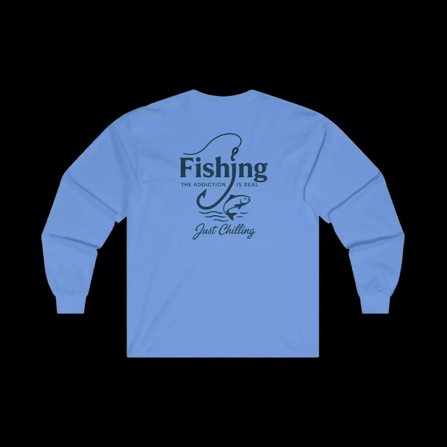 A light blue long-sleeved shirt with a graphic design on the back.
