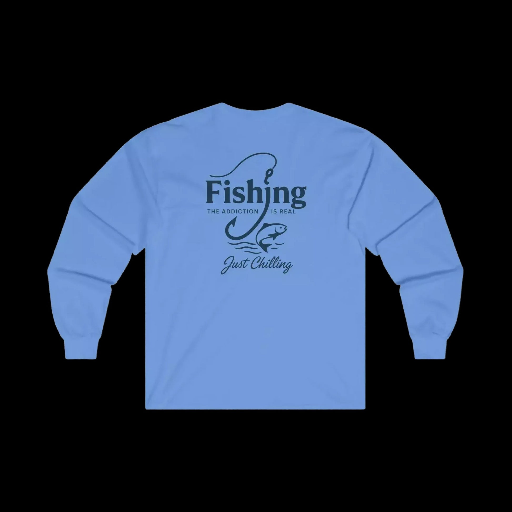 A light blue long-sleeved shirt with a graphic design on the back.
