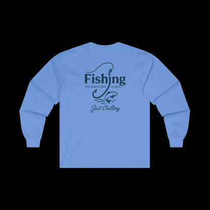A light blue long-sleeved shirt with a graphic design on the back.