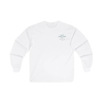 A white long-sleeved shirt with a small logo on the left side of the chest.