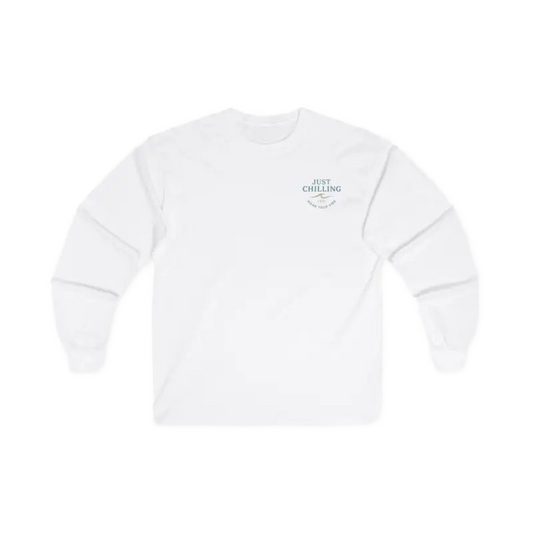 A white long-sleeved shirt with a small logo on the left side of the chest.