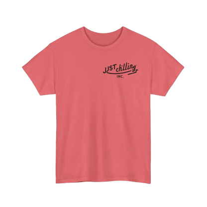 A pink t-shirt with the text "JUSTCHILLING INC." printed on it.