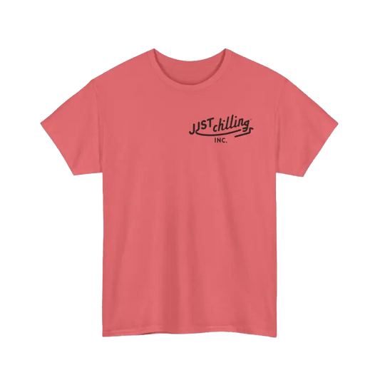 A pink t-shirt with the text "JUSTCHILLING INC." printed on it.