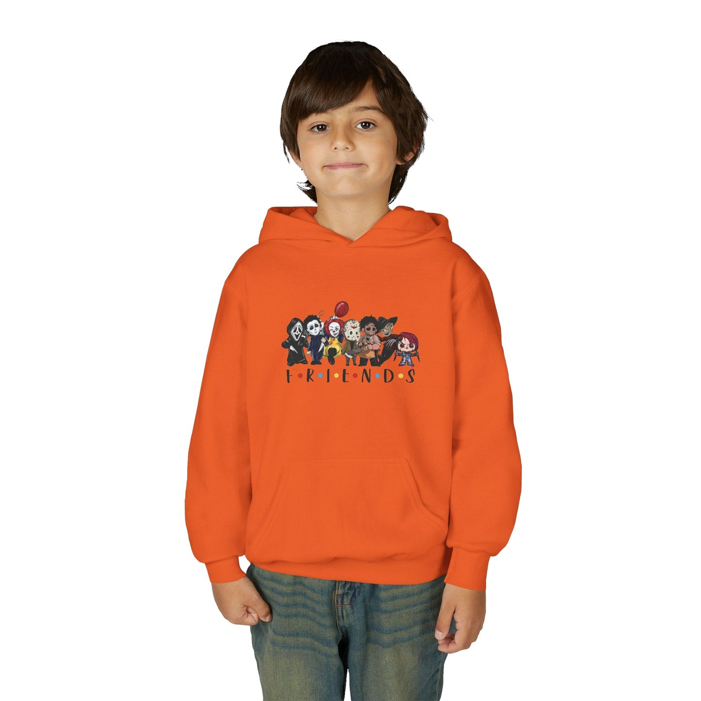 A young boy wearing an orange hoodie with a graphic of cartoon characters on it.