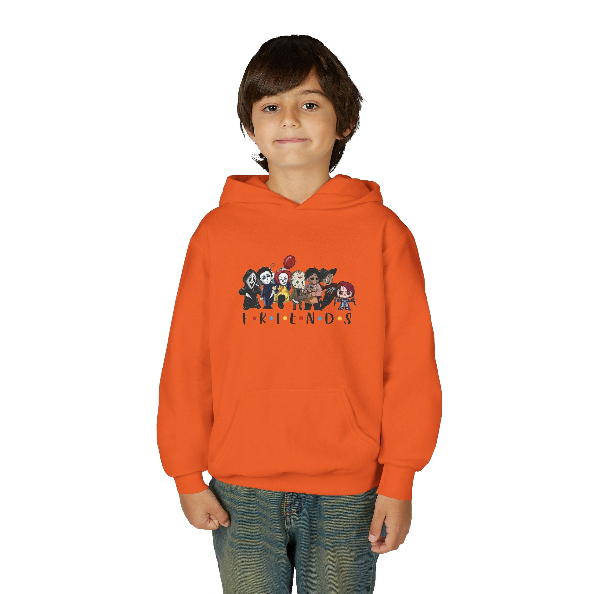 A young boy wearing an orange hoodie with a graphic of cartoon characters on it.