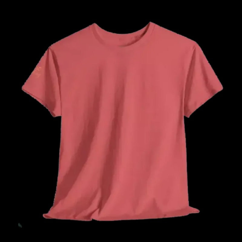 A red t-shirt is shown against a black background.