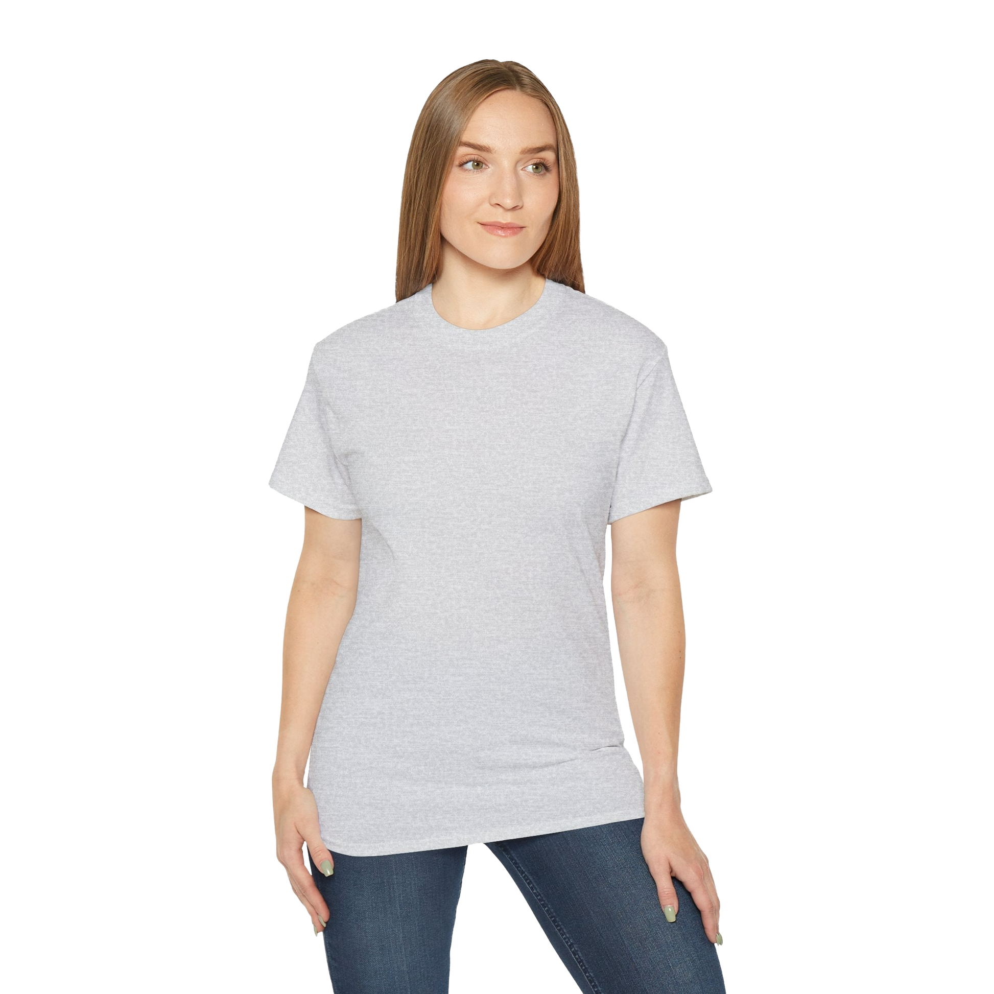 A woman with long brown hair wearing a gray t-shirt and blue jeans stands against a black background.