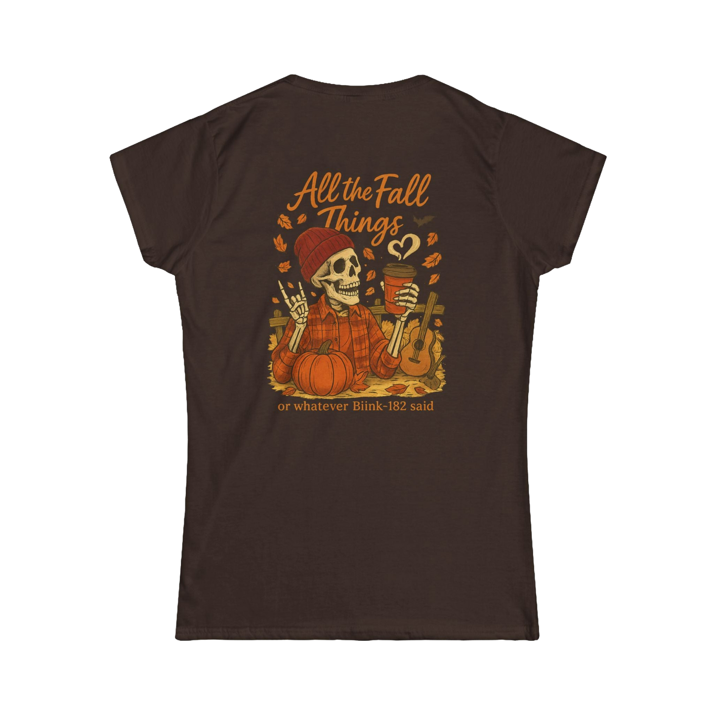 A t-shirt design featuring a skeleton wearing a red hat and holding a cup, surrounded by autumn-themed elements such as pumpkins and leaves.
