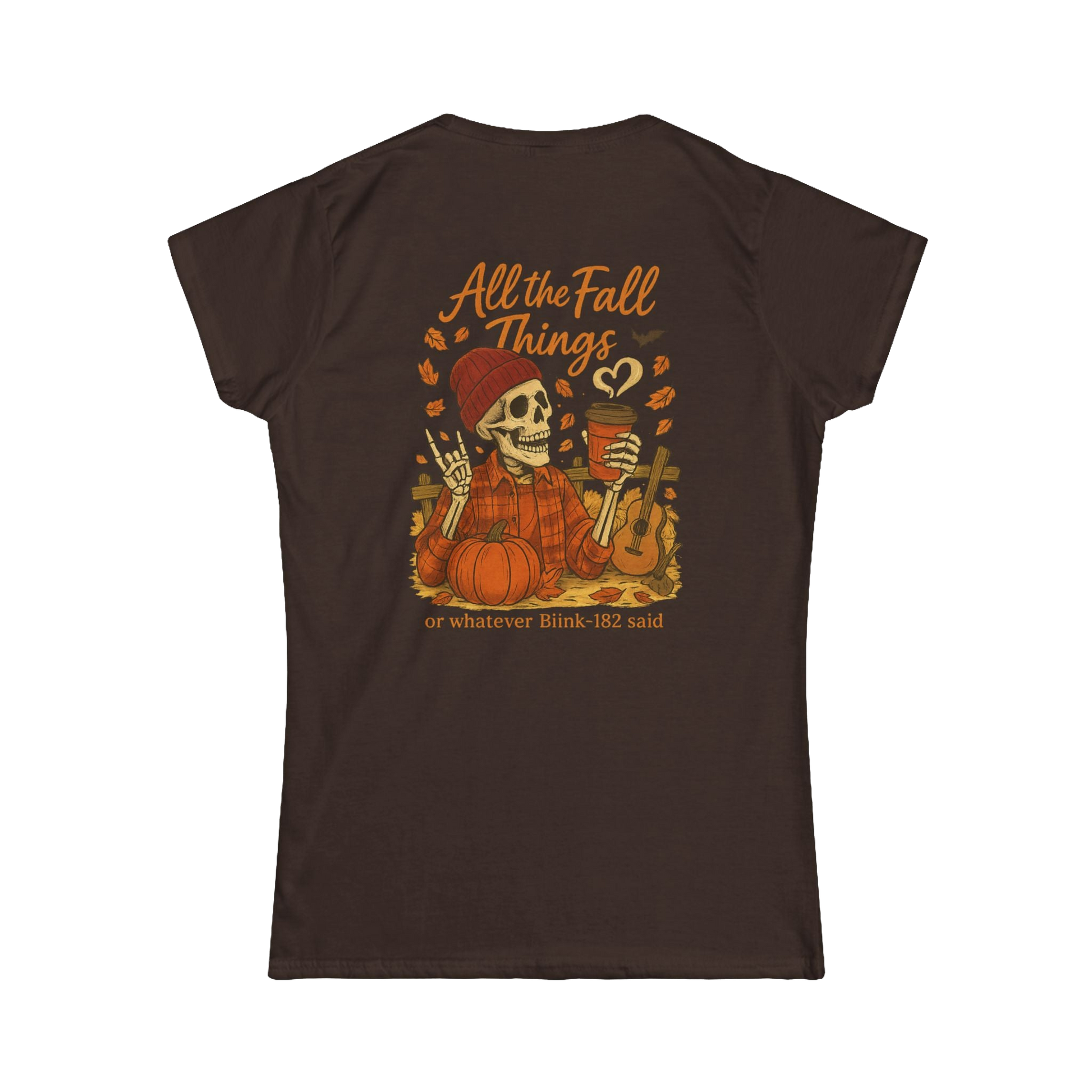 A t-shirt design featuring a skeleton wearing a red hat and holding a cup, surrounded by autumn-themed elements such as pumpkins and leaves.