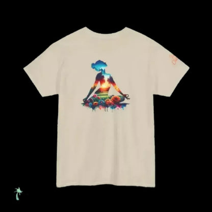 A white t-shirt with a colorful graphic design depicting a person sitting in a meditative pose surrounded by a vibrant, abstract landscape.