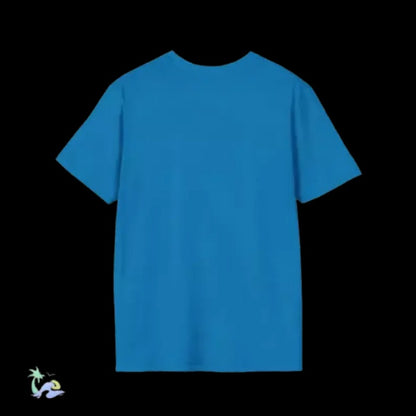 A plain, solid blue t-shirt is displayed against a black background.
